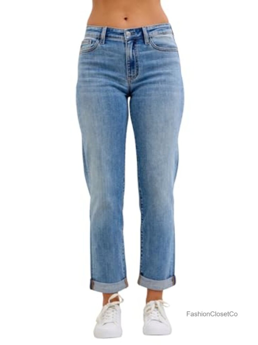Boyfriend Jeans Mid Rise Convertible Cuff Stretch Denim